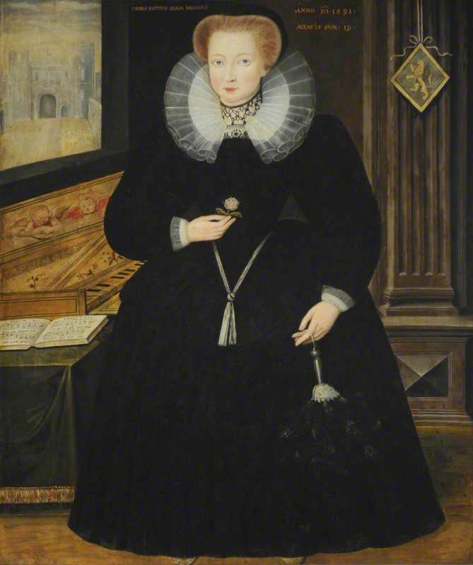 1591 Lady Grace Talbot (1562–after 1625), daughter-in-law of Bess of Hardwick, Mrs. Henry Cavendish by George Gower (Hardwick Hall - Doe Lea, Chesterfield, Derbyshire, UK) From bbc.co shadows