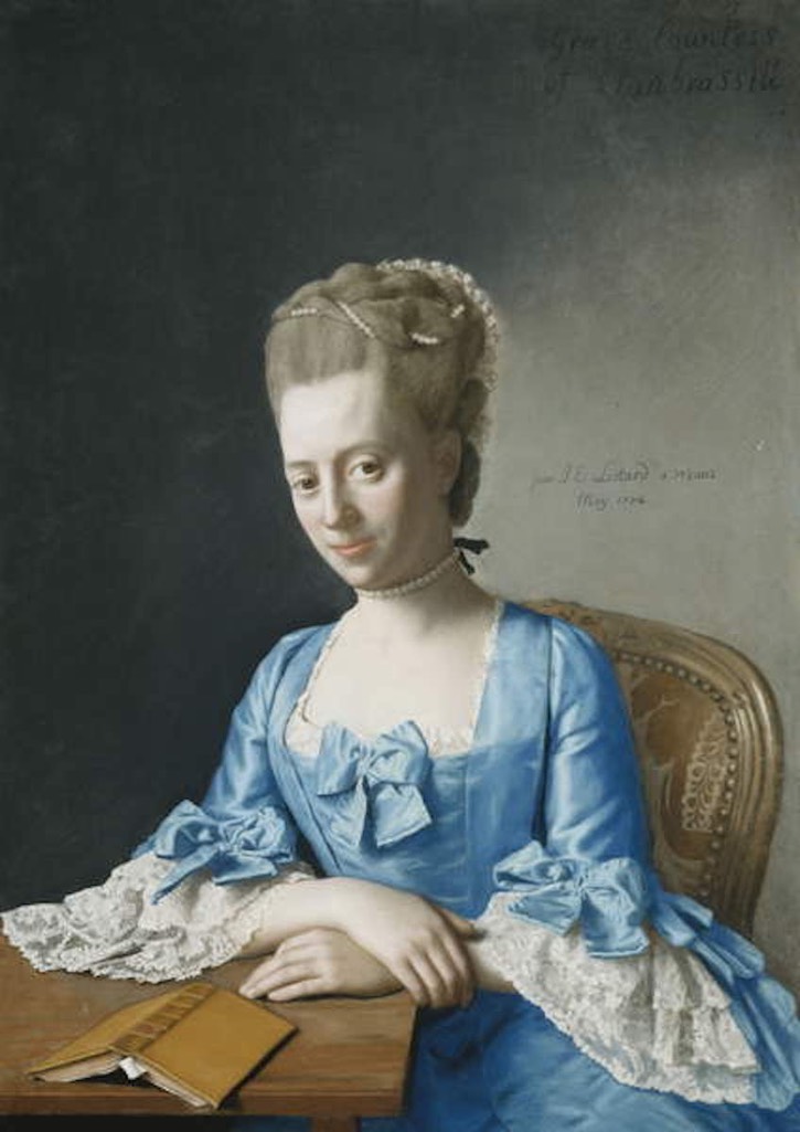 1774 Grace, Countess of Clanbrassil, née Foley, half length, in a blue dress, seated at a table, her hands crossed by Jean-Etienne Liotard (location ?) From meisterdrucke.uk/artist/Jean-Étienne-Liotard.html X 2