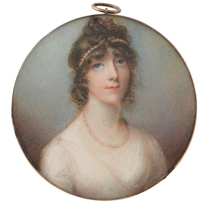 1799 Anne, Countess of Antrim, in a white dress and pearl necklace and head band by Anne Mee (on auction by Dreweatts & Bloomsbury) From invaluable.com despot