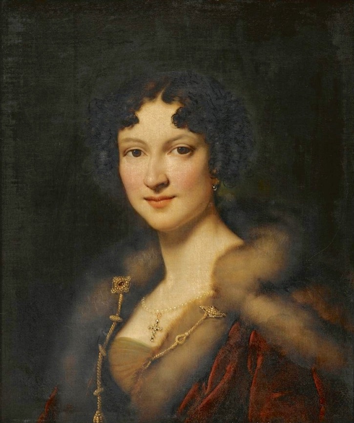 1821 Louise Henrietta Peterson (1796-1845), wife of Auguste, Baron du Bois de Ferrières bust-length, in a fur-trimmed red mantle and jewels by Alexandre-Jean-Dubois Drahonet (auctioned by Christie's) From liveinternet.ru:users:4843635:post347344065: