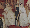 1857 Wedding of Charlotte of Belgium and Archduke Maximillian of Austria by ? (location unknown to gogm) - bride, groom, and bridesmaid