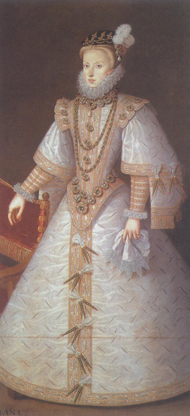 Ana de Habsburgo wearing white dress with gold embroidery by ? (location ?) the lost gallery trimmed fixed