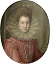 Margaret of Savoy in red costume with a white lace ruff and a pearl headdress by follower of Scipione Pulzone (Il Gaetano) (auctioned by Bonhams)