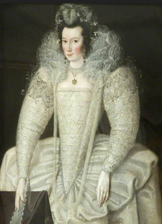 ca. 1595-1600 Lady, said to be Elizabeth Throckmorton Queen Elizabeth's Maid of Honour and Wife of Sir Walter Raleigh, by Robert Peake (Maldon Moot Hall - Maldon, Essex, UK) From artuk.org cropped