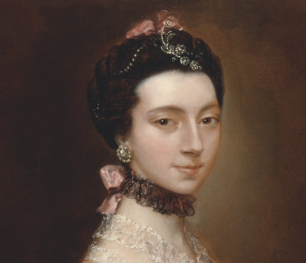 This out take shows Mary Little&#39;s unpowdered and mildly curled hair and the daimond and dark pearl jewels used to ornament it. - ca-1763-mary-little-later-9