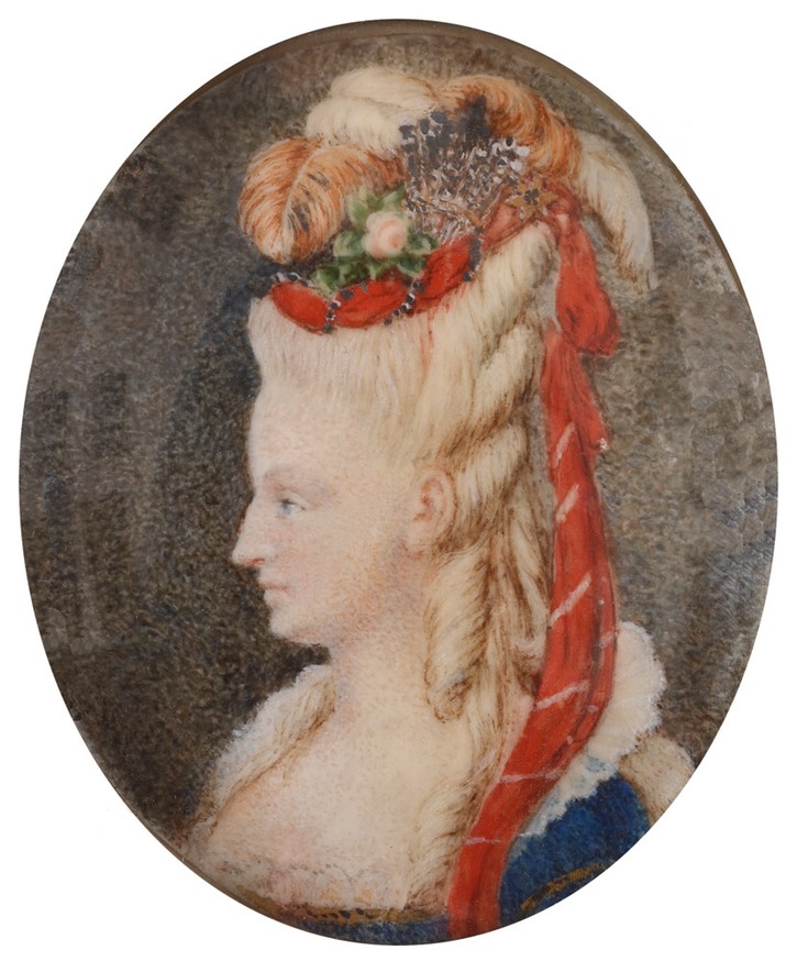 ca. 1785 Marie Antoinette oval by ? (for sale at Boris Wilnitsky Fine Arts) From teaattrianon.blogspot.com:2016:11:miniature-on-ivory.html