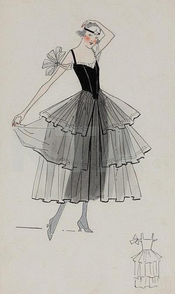 ca. 1915-1916 dark dress with sheer flared over-skirt by Lucile From invaluable.com/auction-lot/four-lucile-studio-sketches,-circa-1915-6,-65b-c-8eb9eaae75