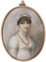 Hon. Mrs Caroline Elwes (née Pelham), wearing white dress, fill-in, coral necklace and coral pendent earrings, black bandeau, white lace veil tied around her neck by Richard Cosway (Bonham's)