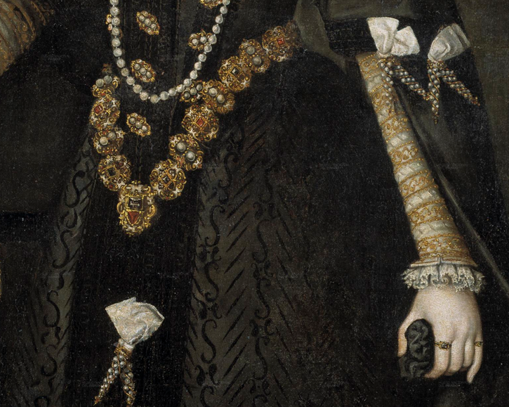 ca. 1585 Infanta Catalina Micaela by Alonso Sánchez Coello (Museo Nacional del Prado - Madrid Spain) girdle, aiglets, false sleeves, and skirt material