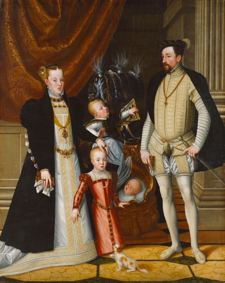 1563 Holy Roman Emperor Maximilian II of Austria and his wife Infanta Maria of Spain with their children by Giuseppe Arcimboldi (Schloß Ambras - Innsbruck, Tirol, Austria) size fixed at 45 cm high at 70 pixels:cm