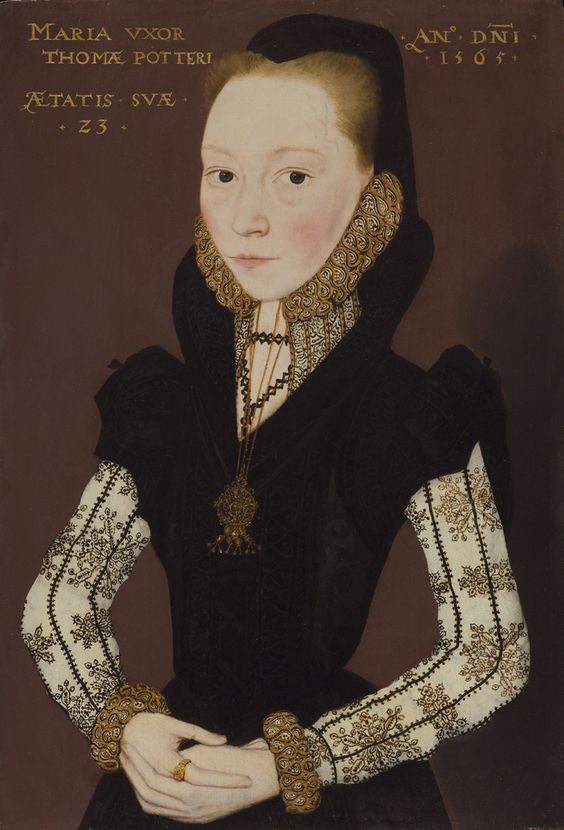 1565 Mary Potter, née Tichborne b. 1541 by Master of the Countess of Warwick (sold by Philip Mould) From pinterest.com:lb3038:historic-embroidery-in-paintings:blackwork: