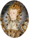 1595-1600 Elizabeth by Nicholas Hilliard (Victoria and Albert Museum) jeweled lace ruff