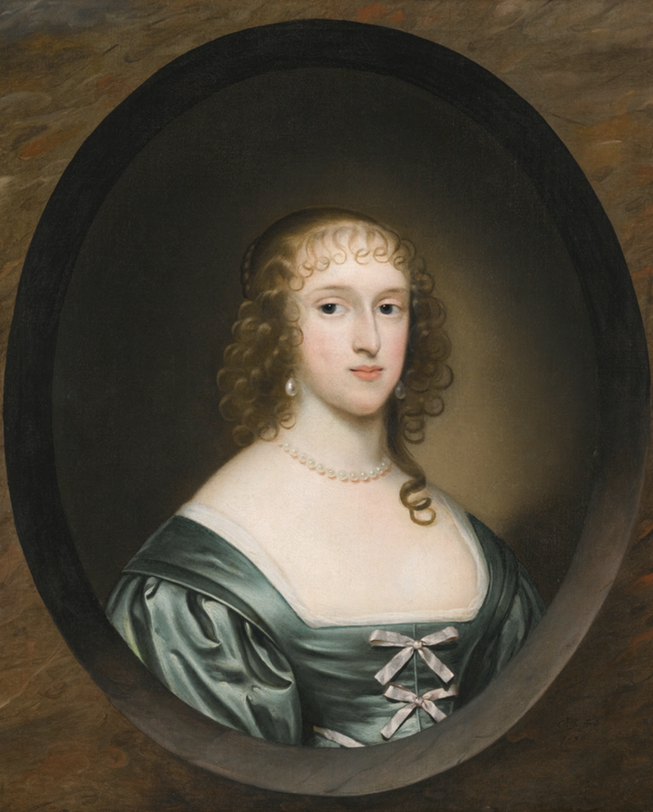 1636 Lady Bowyer, half length, wearing a green dress with ribbons and a pearl necklace, in a sculpted cartouche by Cornelius Johnson (auctioned by Sotheby's) From the Sotheby's Web site