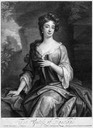 1699 Margaret Jones, Countess of Ranelagh, three-quarter length, sitting, wearing loose gown and robe and pearl earrings; landscape behind by John Smith after Sir Godfrey Kneller mezzotint (British Museum - London, UK) From museum's Web site) detint