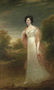 1825 Ann Maria Harriet de Rhodes (1793-1849), full-length, in a white dress and pink chiffon wrap, a wooded landscape beyonf by Sir William Beechey (auctioned by Christie's)