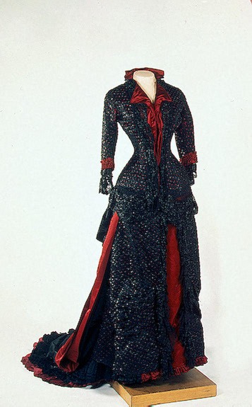 1880s Maria Feodorovna evening dress of black satin embroidered with silk threads and glass beads by Fromont, Paris (Hermitage)