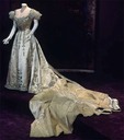 1892 Court presentation gown with detachable train - Silk satin, silk velvet, rhinestone, gold cloth, glass beads, net worn by Bertha Honoré Palmer by Charles Frederick Worth