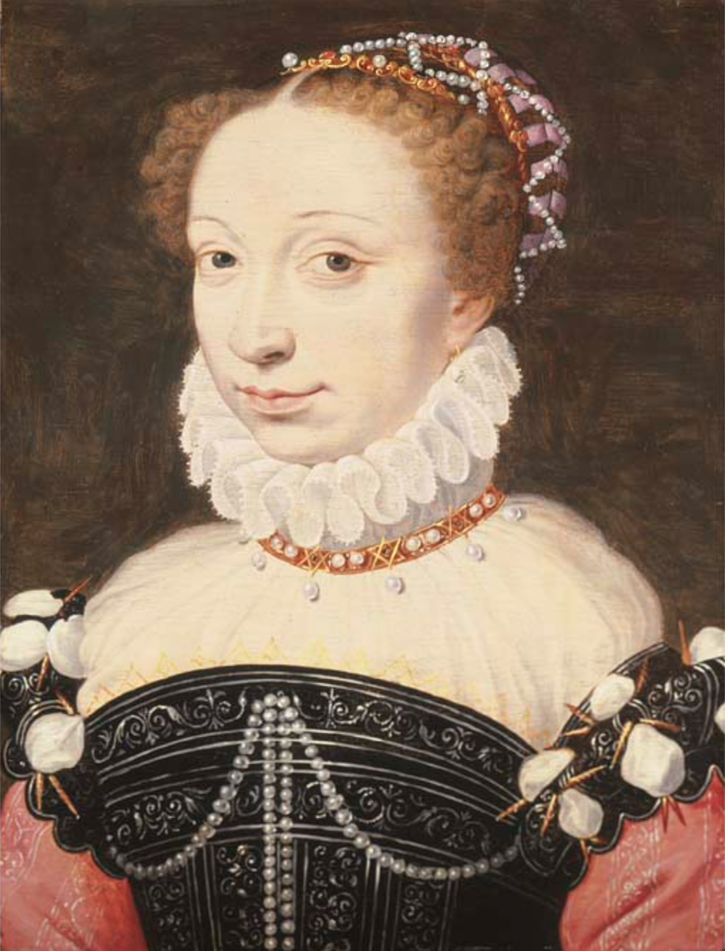 ca. 1560 Possibly Jeanne d'Albret, bust-length, in an embroidered black dress and a white ruff collar with pearls and jewels in her hair by François Clouet workshop (auctioned by Christie's) From Christie's Web site