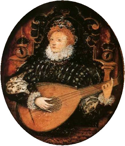 ca. 1576 Elizabeth I playing the lute by Nicolas Hilliard (Berkeley Castle - Berkeley, Gloucestershire, UK)