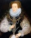 Elizabeth I wearing a black dress with white sleeves