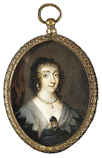 Henrietta Maria (1609–69), Queen Consort, wearing black dress with white collar, pearl necklace, earrings and miniature of her husband Charles I by ? (auctioned by Bonhams)