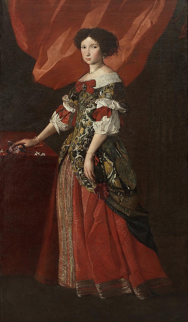 Lady, full-length, in a red and gold brocade dress by Pier Francesco ...