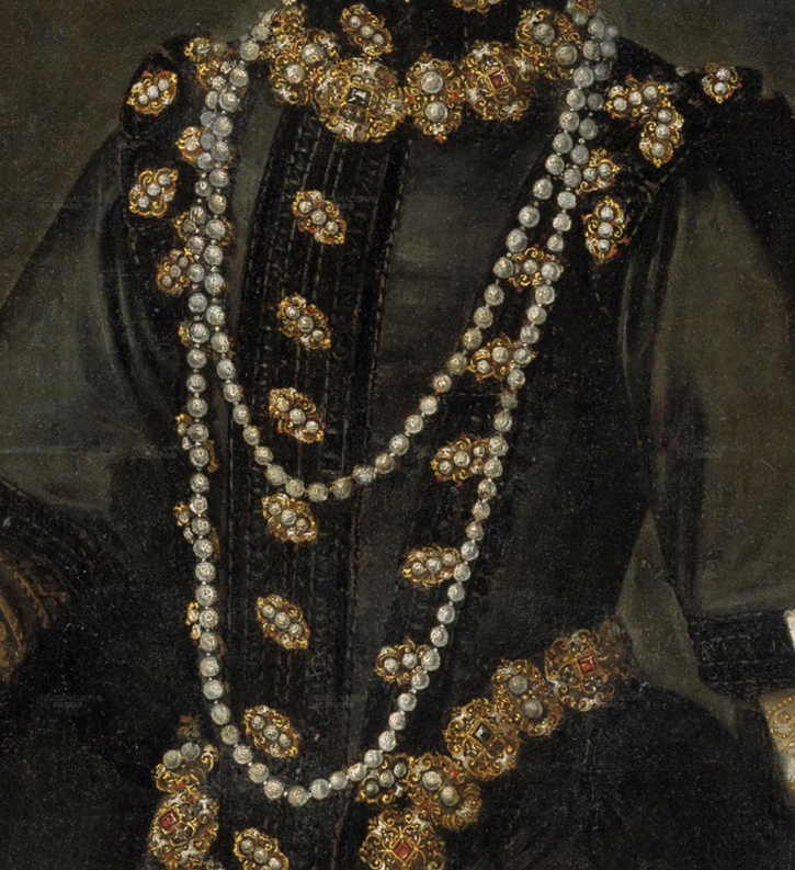 ca. 1585 Infanta Catalina Micaela by Alonso Sánchez Coello (Prado) bodice material and jewels