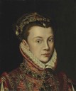 Elizabeth of Valois, Queen of Spain, bust-length, wearing a jewelled headdress and a red embroidered dress by circle of Anthonis Mor (Christie's)