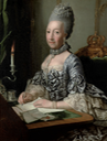 Ulrike Sophie, Princess of Mecklenburg-Schwerin (1723-1813), in a silver dress with lace cuffs, seated at a writing desk by George David Matthieu (auctioned by Christie's) size adjusted to 27.62 cm high at 59.06 pixels/cm despot deflaw
