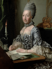 Ulrike Sophie, Princess of Mecklenburg-Schwerin (1723-1813), in a silver dress with lace cuffs, seated at a writing desk by George David Matthieu (auctioned by Christie's) size adjusted to 27.62 cm high at 59.06 pixels:cm despot deflaw